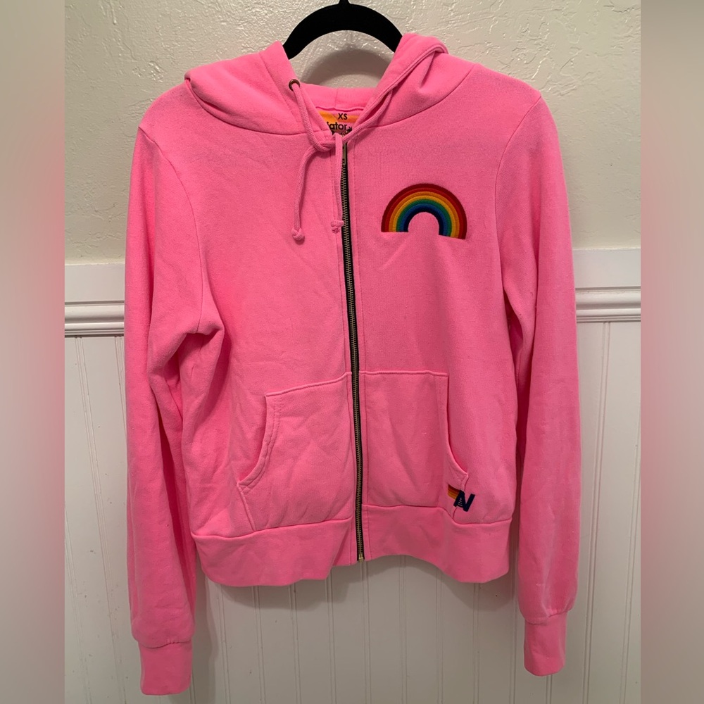 Aviator Nation RAINBOW EMBROIDERY HOODIE - NEON PINK (XS)